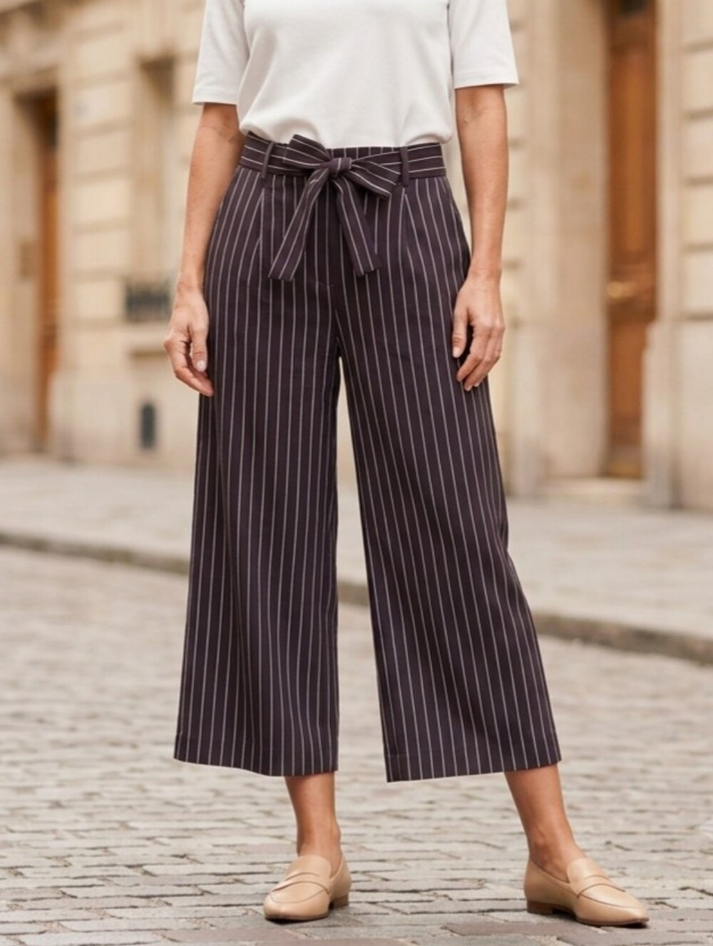 Urban Revivo Pants, Stripes High Waist Black Waist 15"